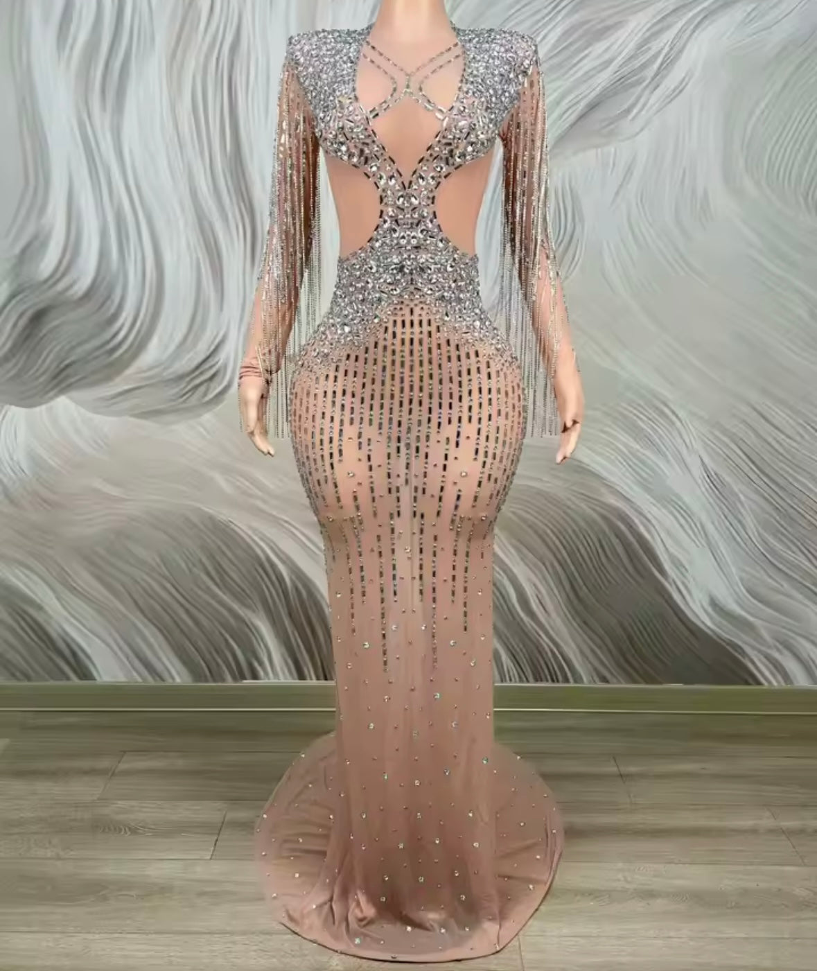 Sexy Rhinestone Tassel Full Sleeve Mermaid Dress