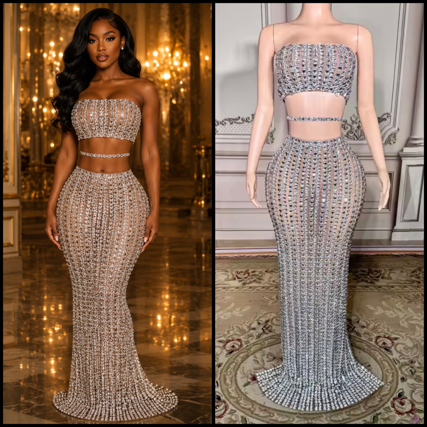 Sexy Strapless Rhinestone Embellishment Maxi Skirt Set
