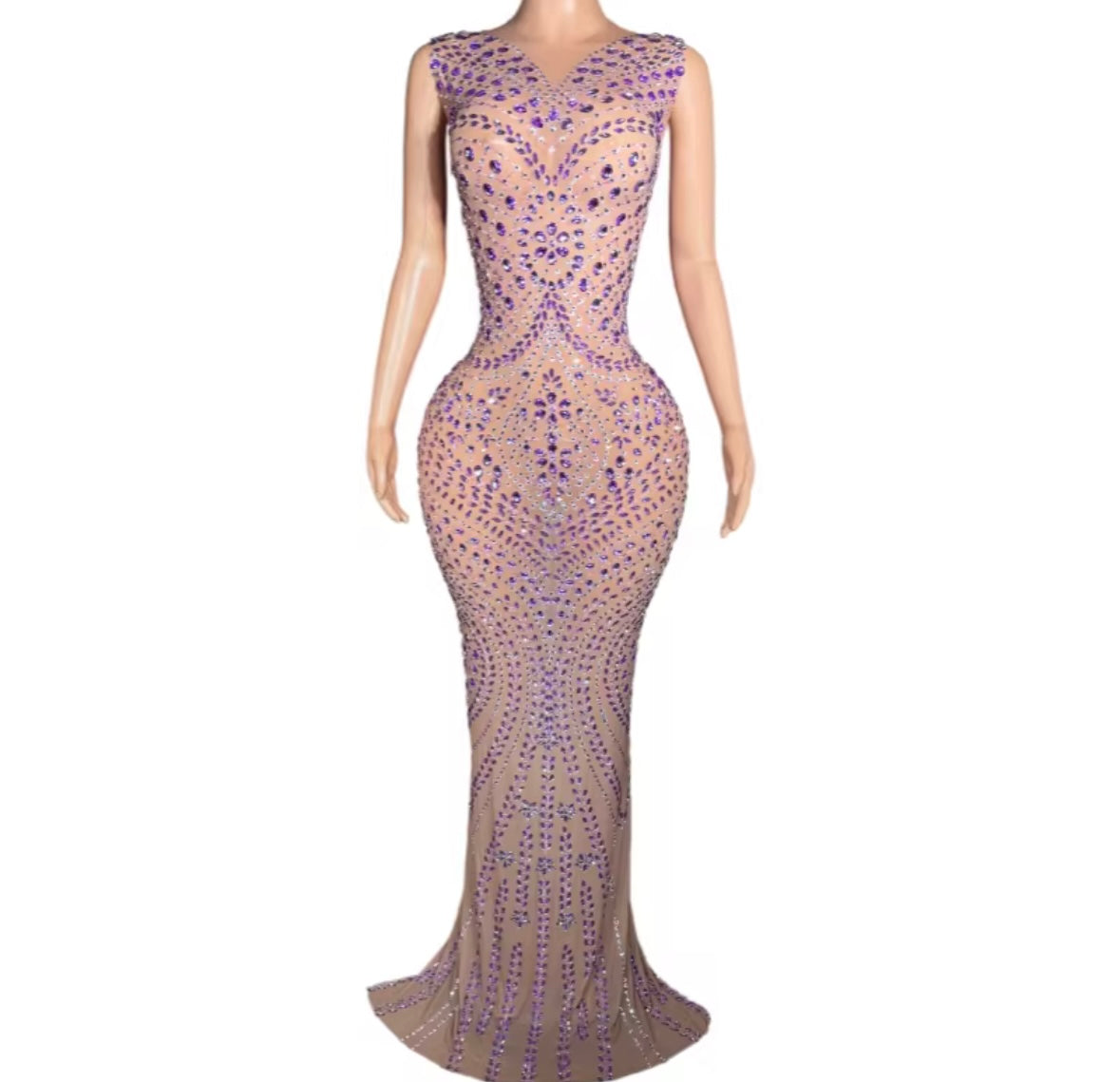 Sexy Sleeveless See Through Purple Rhinestone Maxi Dress