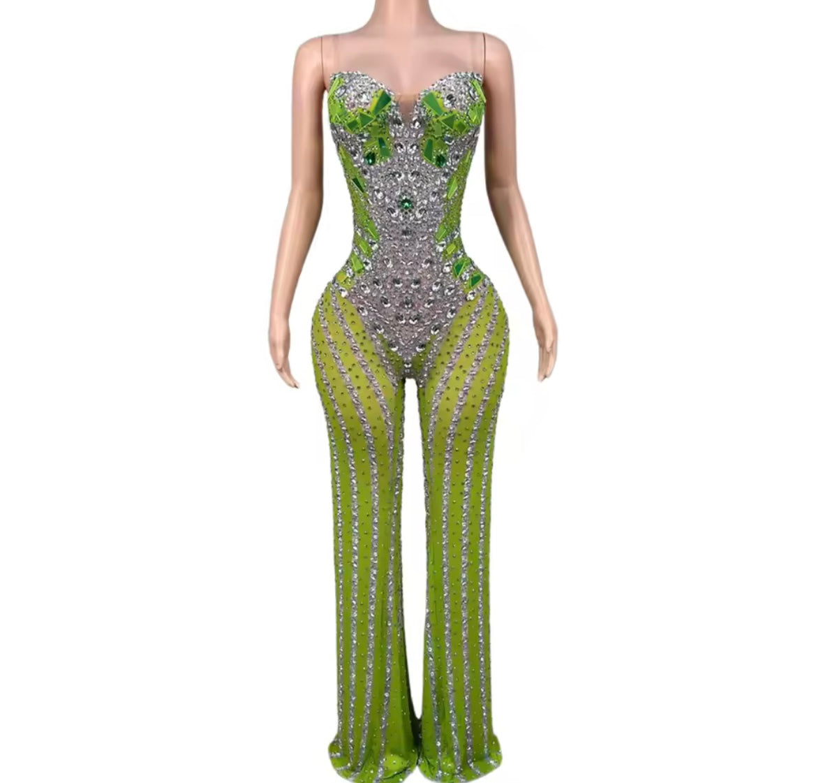 Green Sexy Sleeveless Rhinestone See Through Jumpsuit