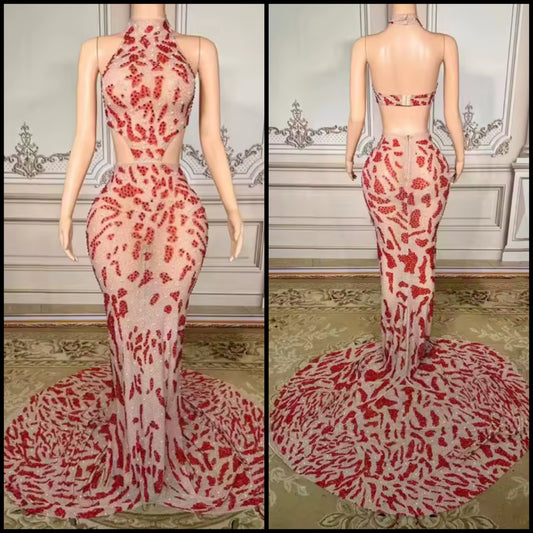 Sexy Halter Rhinestone See Through Mermaid Dress