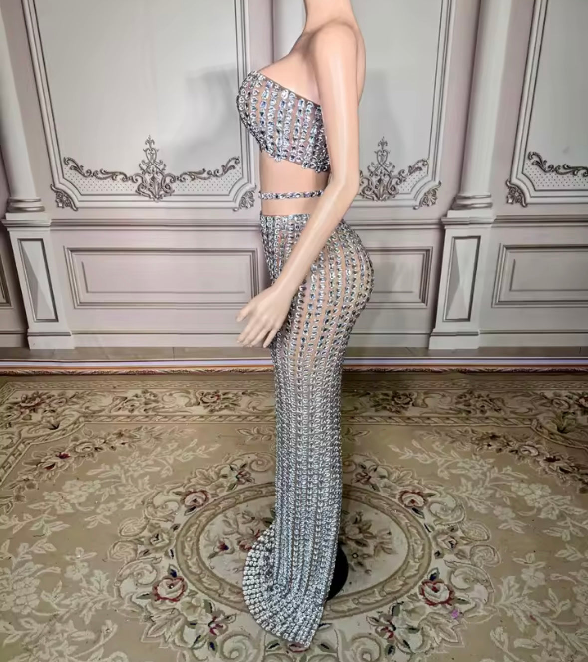 Sexy Strapless Rhinestone Embellishment Maxi Skirt Set