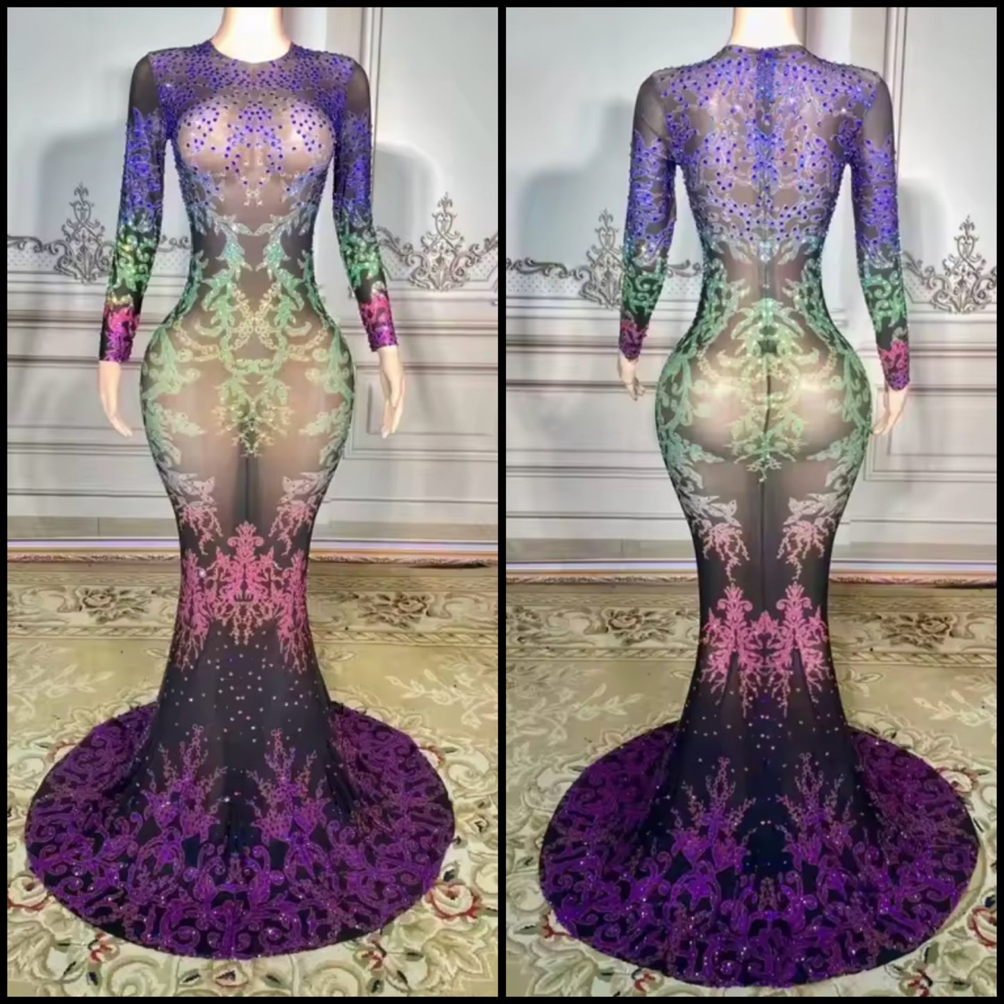 Sexy Colorful Rhinestone Full Sleeve See Through Mermaid Dress