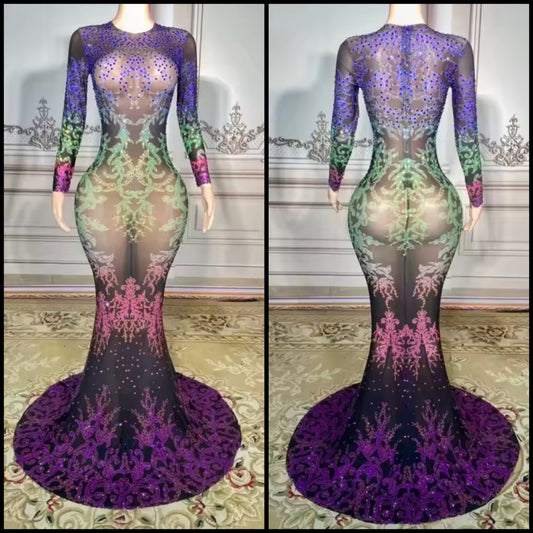 Sexy Colorful Rhinestone Full Sleeve See Through Mermaid Dress