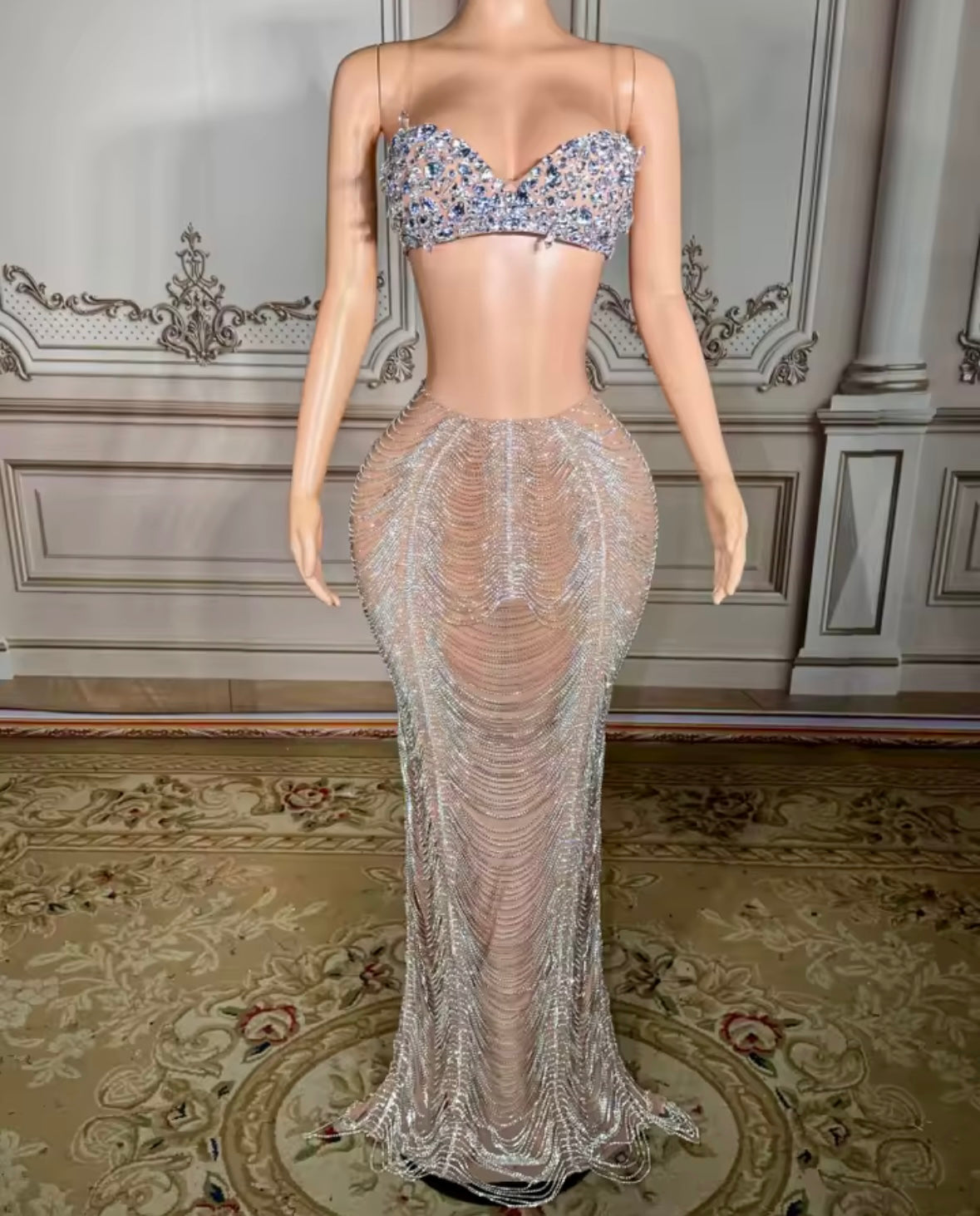 Sexy Sleeveless Rhinestone Chain Maxi Skirt Set