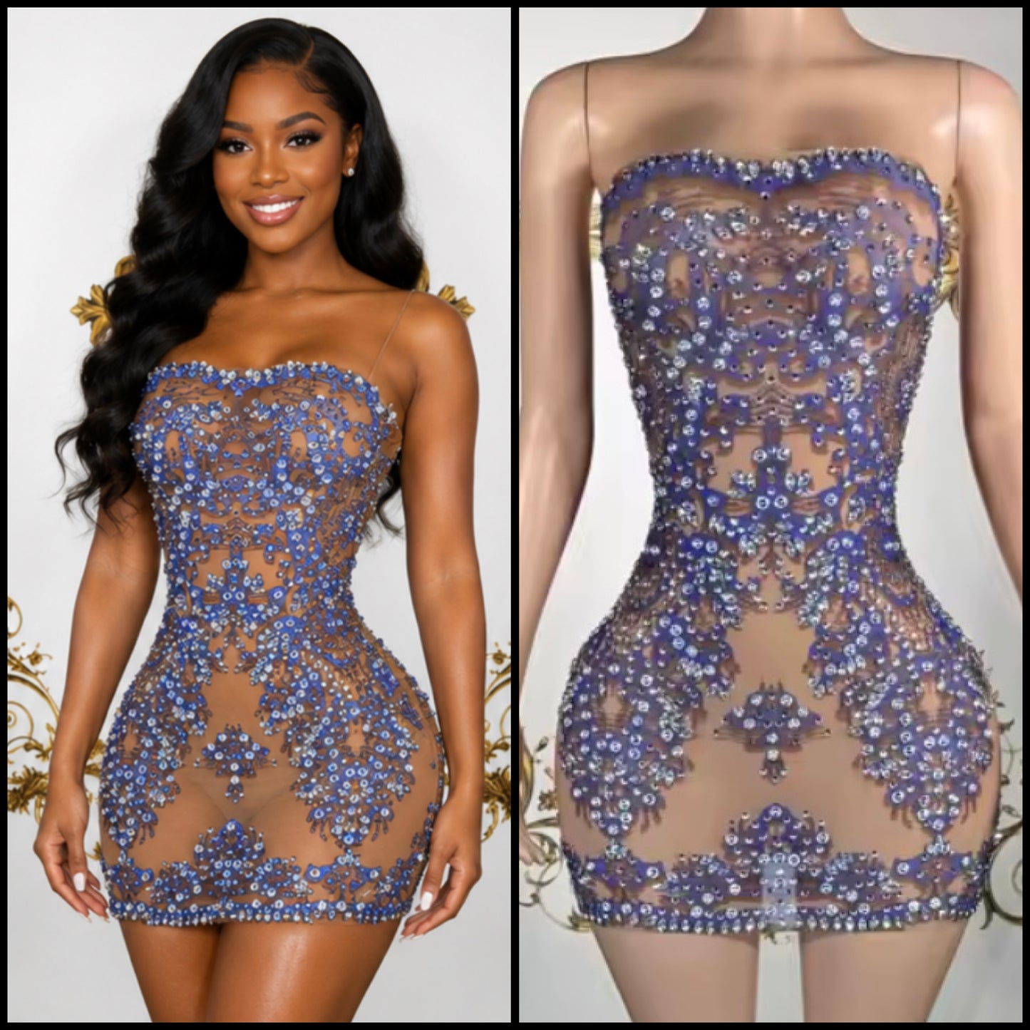 Sexy Strapless Purple Rhinestone See Through Dress
