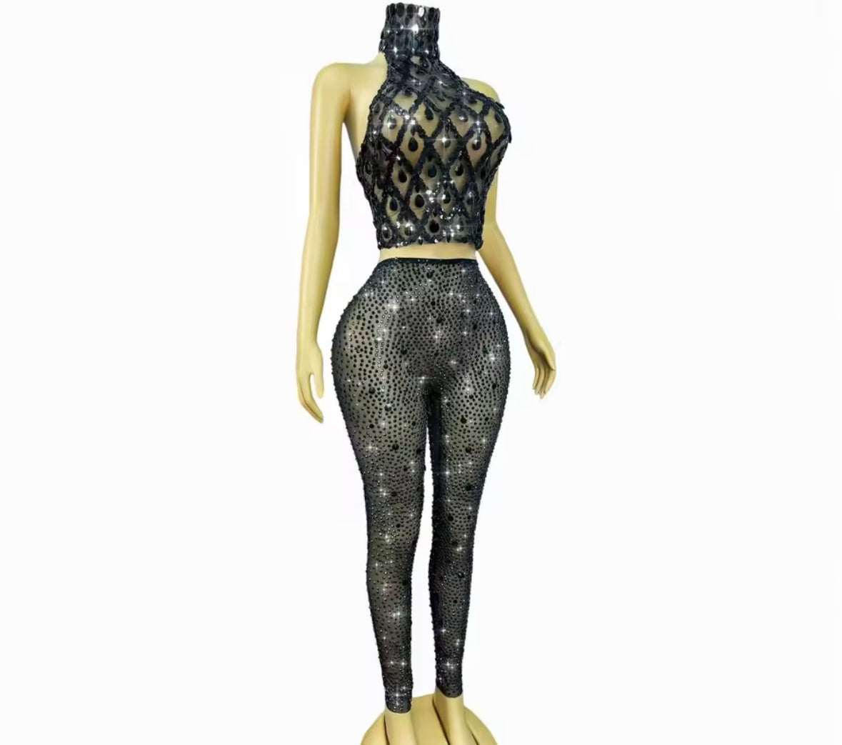 Sexy Halter Sleeveless Crystal See Through Pant Set