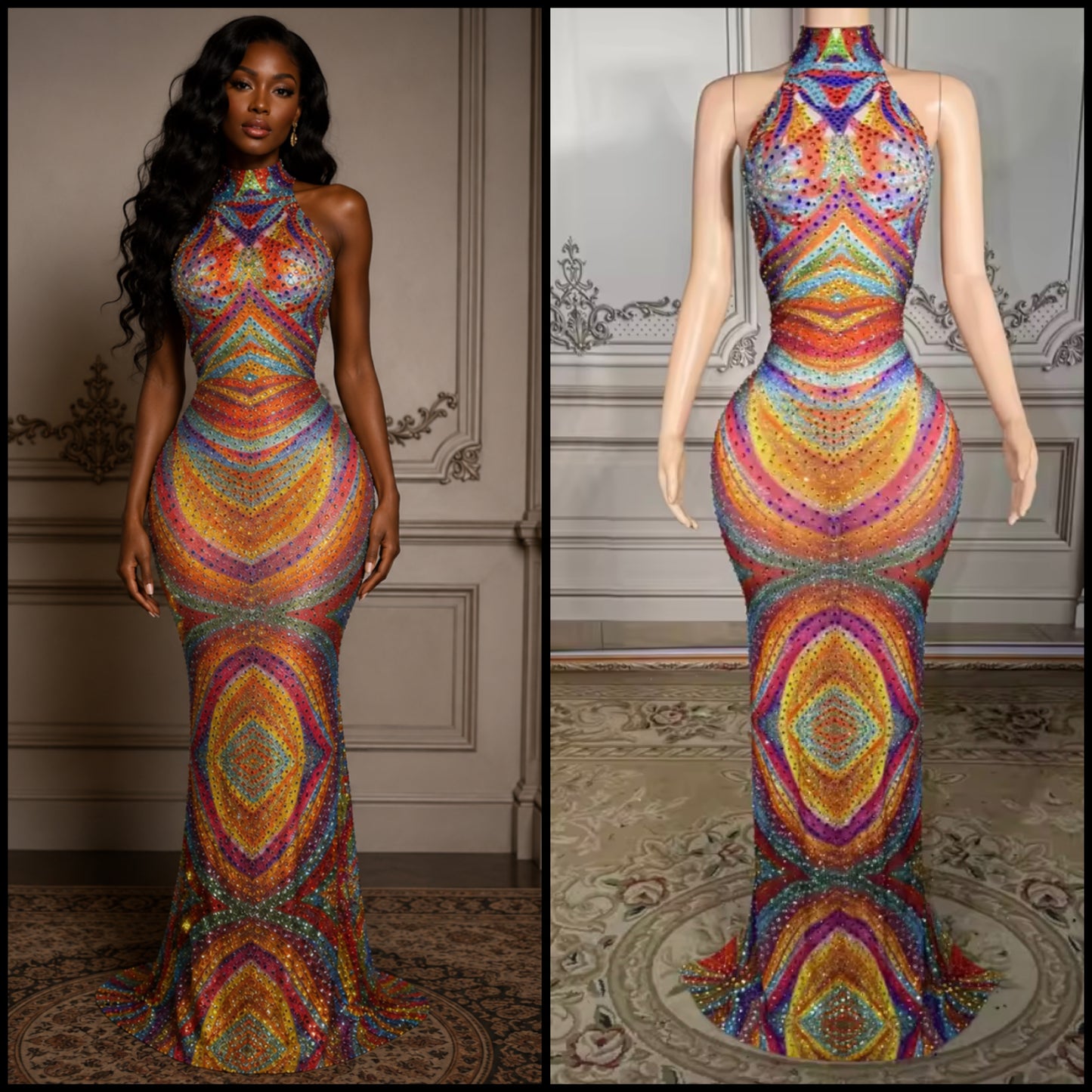 Multicolored Rhinestone Sexy Sleeveless Maxi Dress