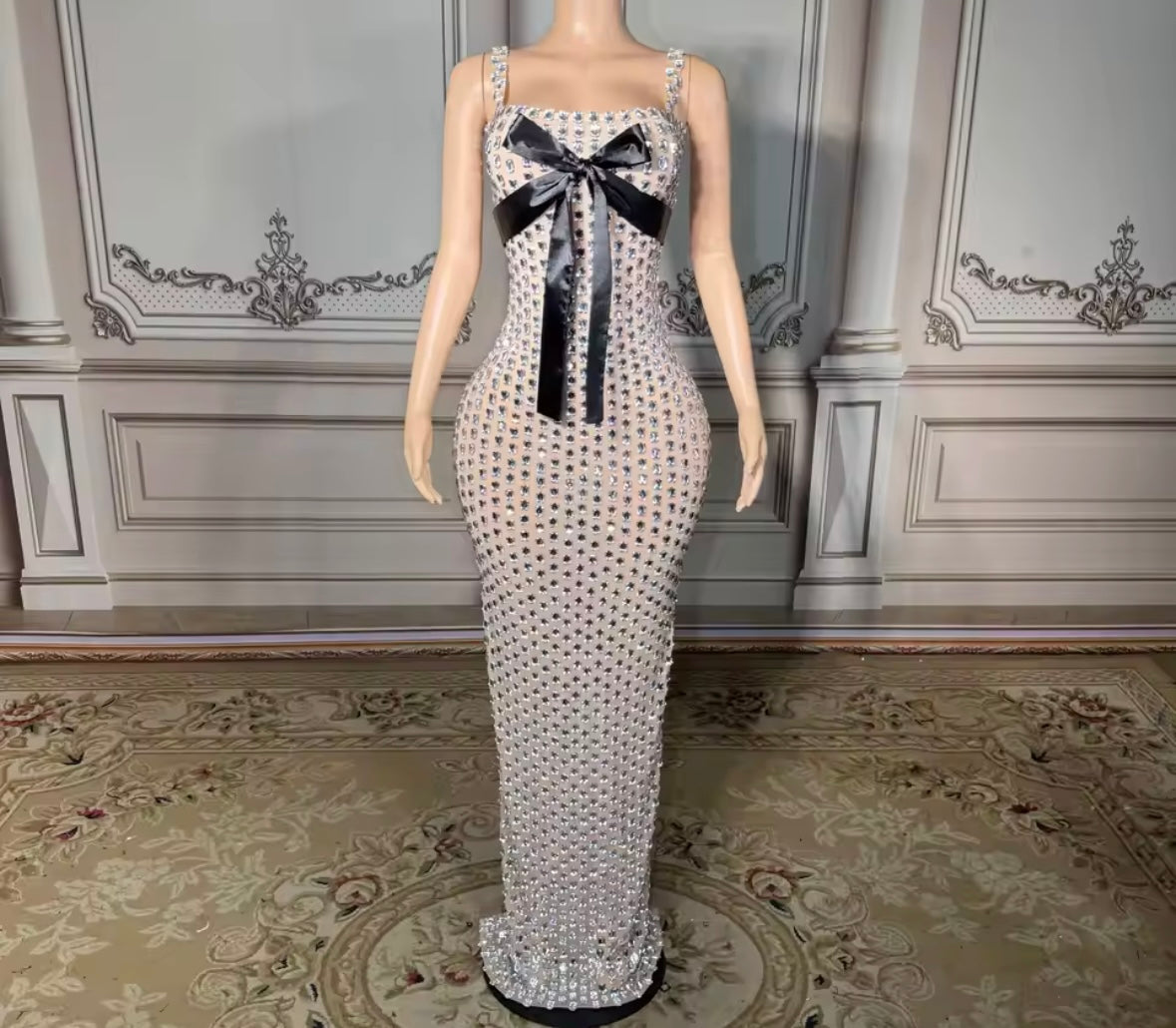 Rhinestone Sleeveless Bow Sexy Floor-Length Dress