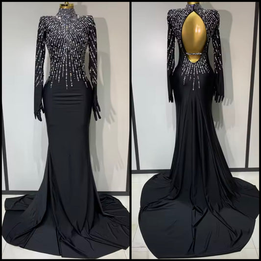 Black Elegant Rhinestone Beaded Gloved Full Sleeve Floor-Length Dress