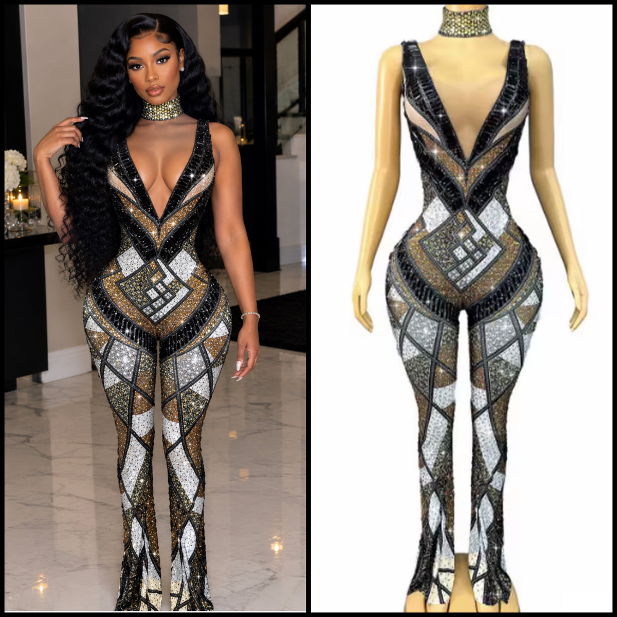 Sexy Choker Sleeveless Color Patchwork Rhinestone Jumpsuit
