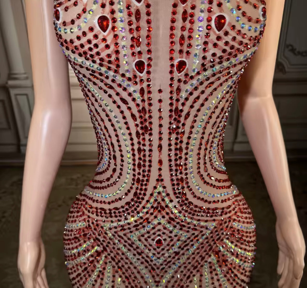 Sexy Sleeveless See Through Red Rhinestone Floor-Length Dress