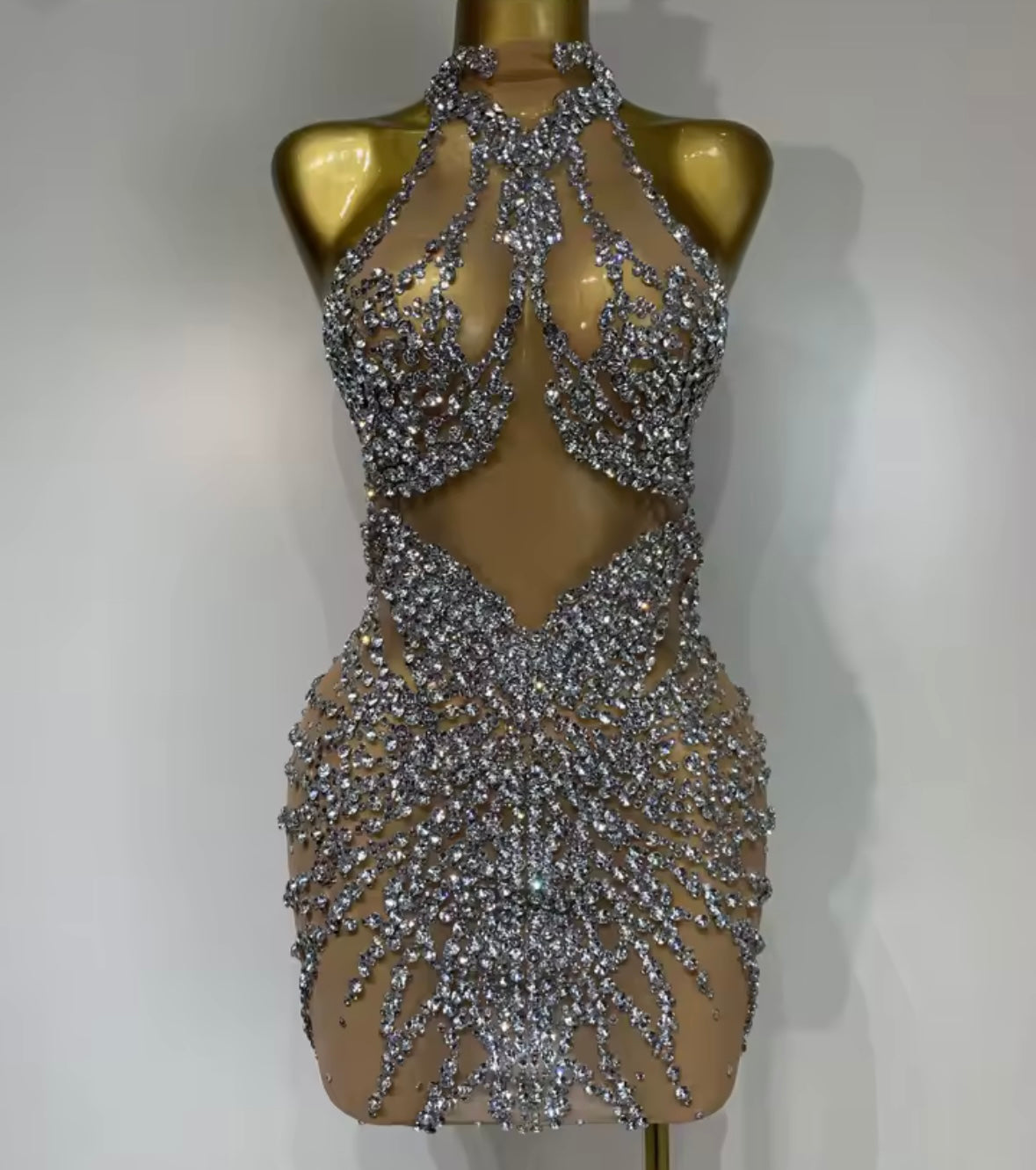 Sleeveless Rhinestone Sexy Short See Through Dress