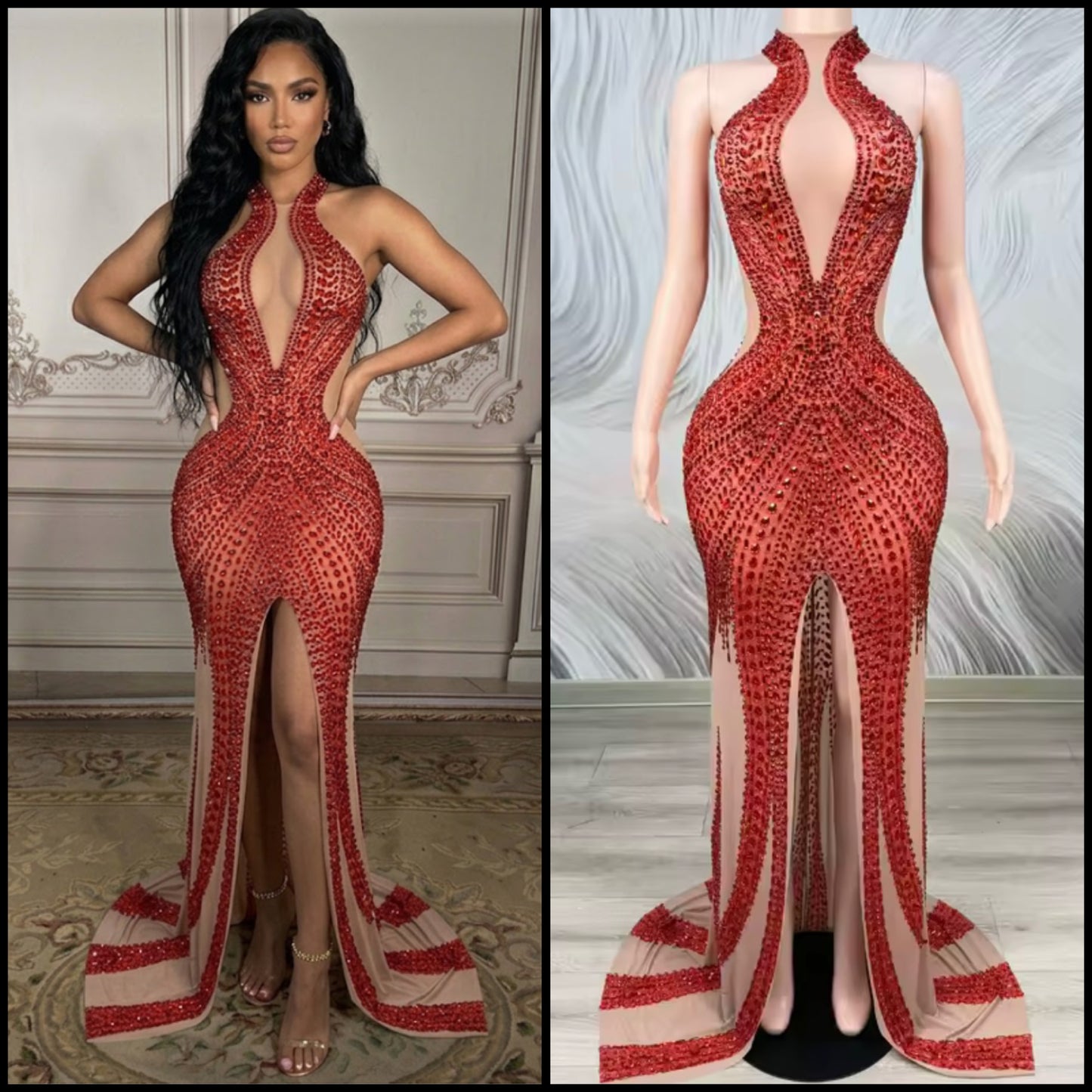 Sexy Red Halter Sleeveless Rhinestone Front Split Floor-Length Dress