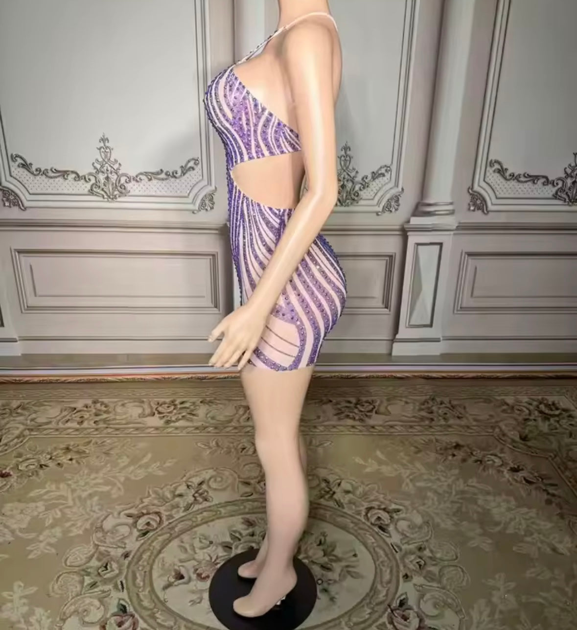 Sexy Striped Rhinestone Halter Sleeveless Open Back Dress