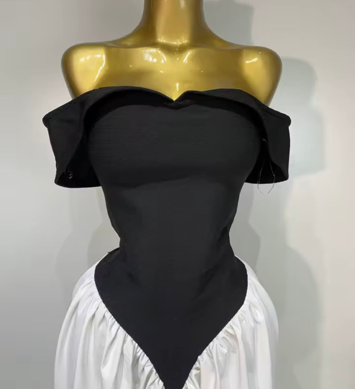 Elegant Off The Shoulder B&W Ruched Floor-Length Dress