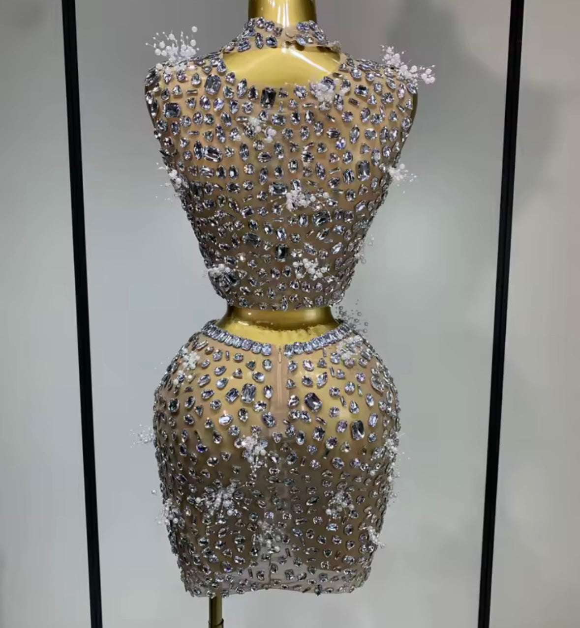 Sleeveless Crystal Rhinestone Sexy Mesh Two Piece Skirt Set