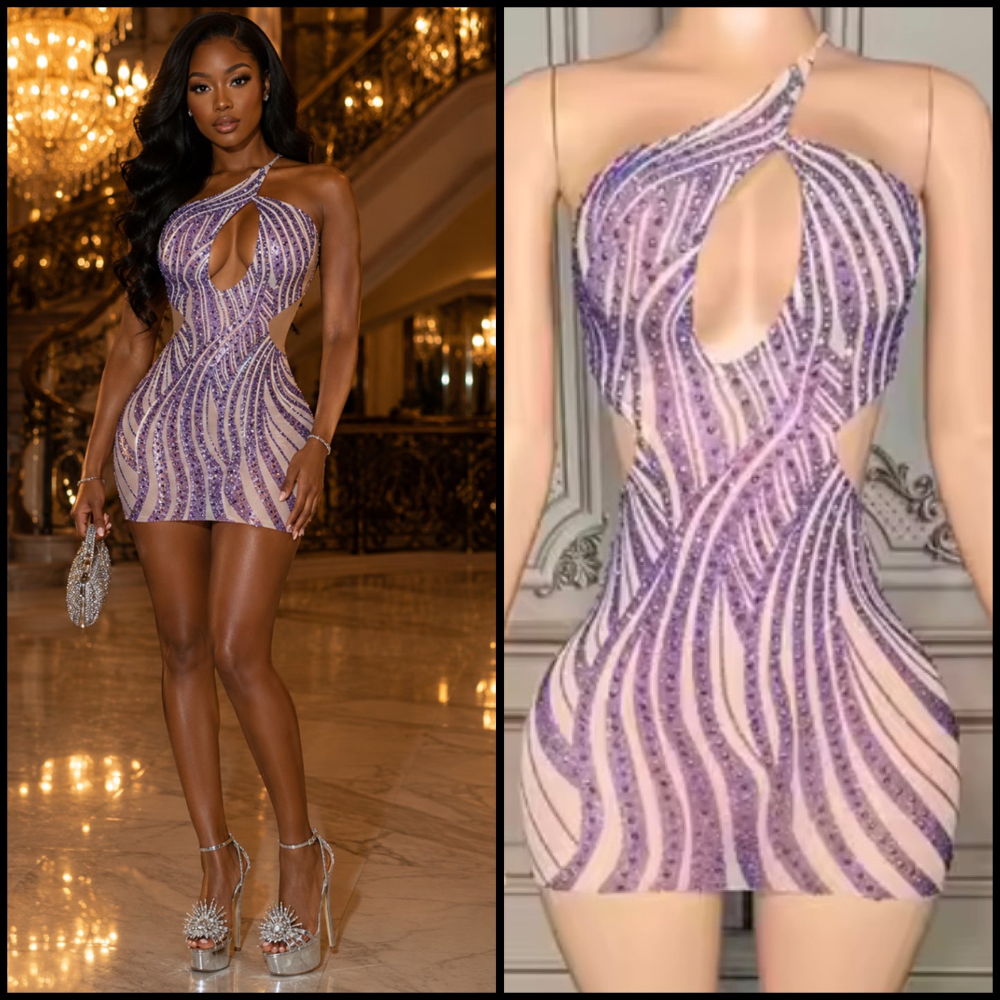 Sexy Striped Rhinestone Halter Sleeveless Open Back Dress