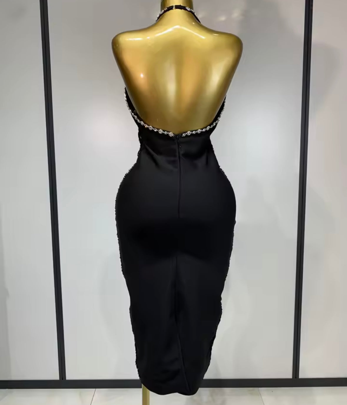 Black Rhinestone Fringe Open Back Sexy Dress