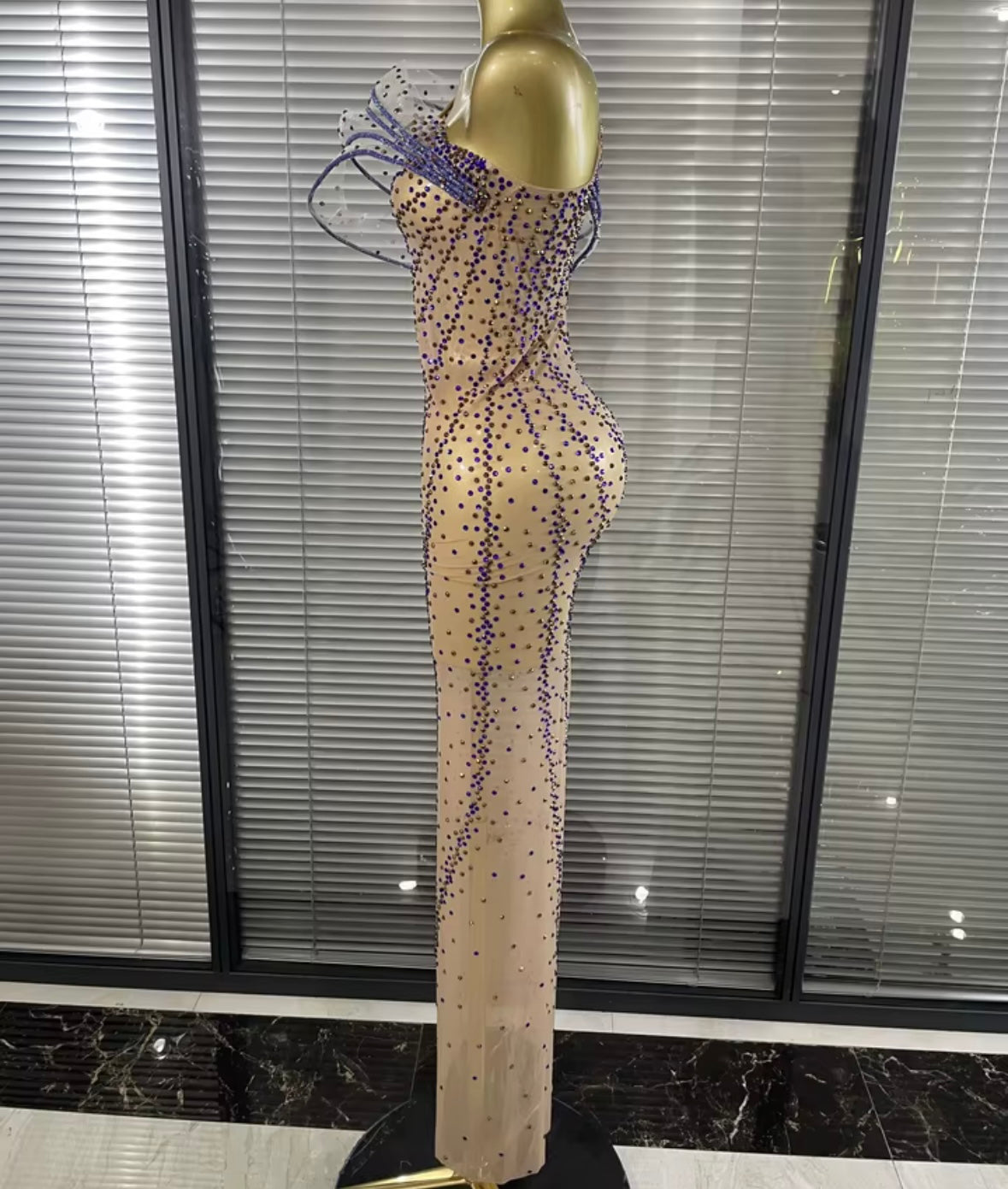 Elegant One Shoulder Sleeveless See Through Rhinestone Maxi Dress