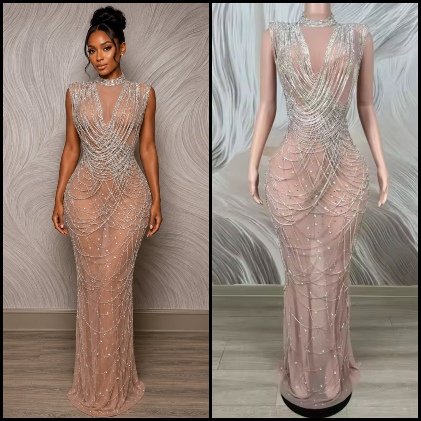 Sexy Sleeveless Rhinestone Chain See Through Maxi Dress