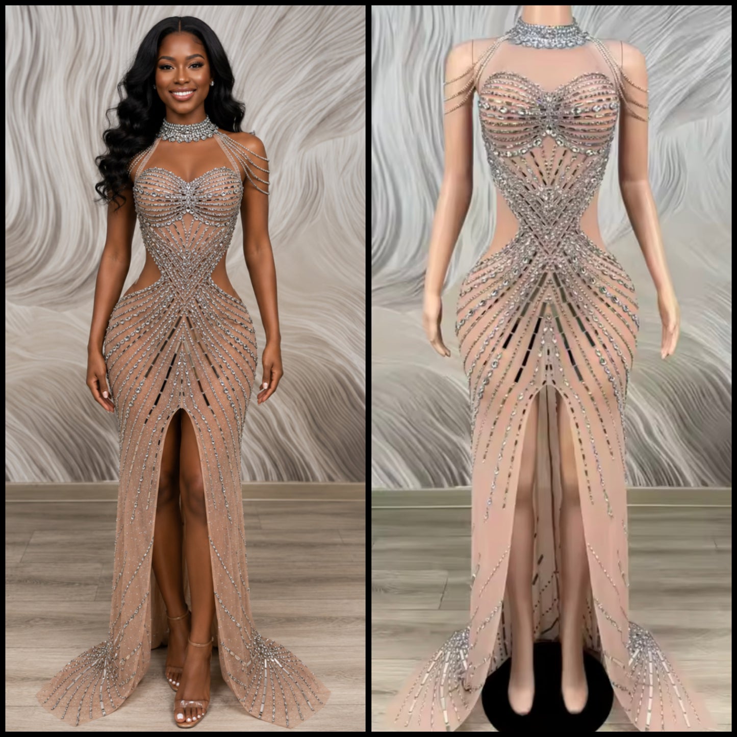 Sexy Sleeveless Chain Rhinestone Front Split Floor-Length Dress