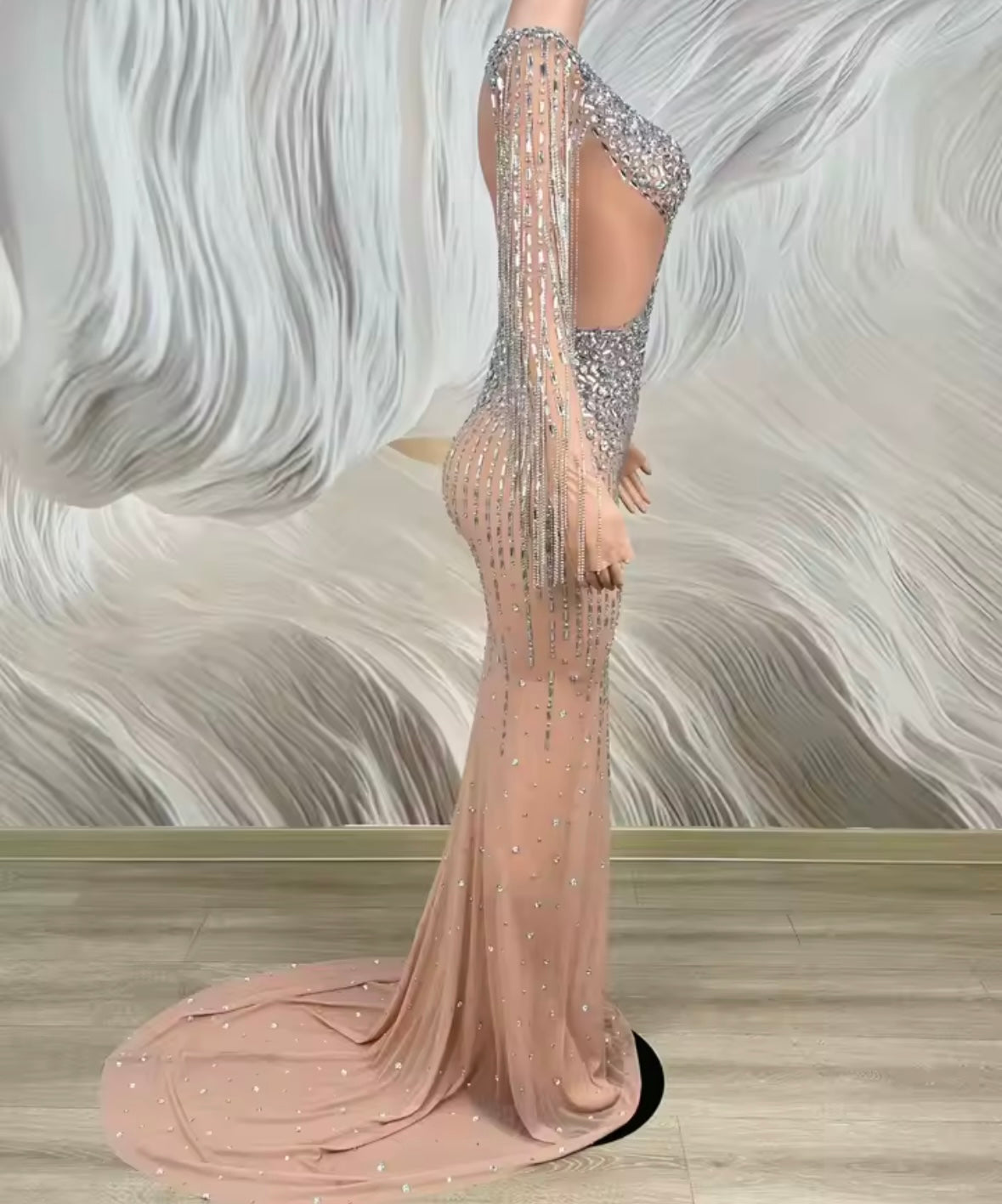 Sexy Rhinestone Tassel Full Sleeve Mermaid Dress