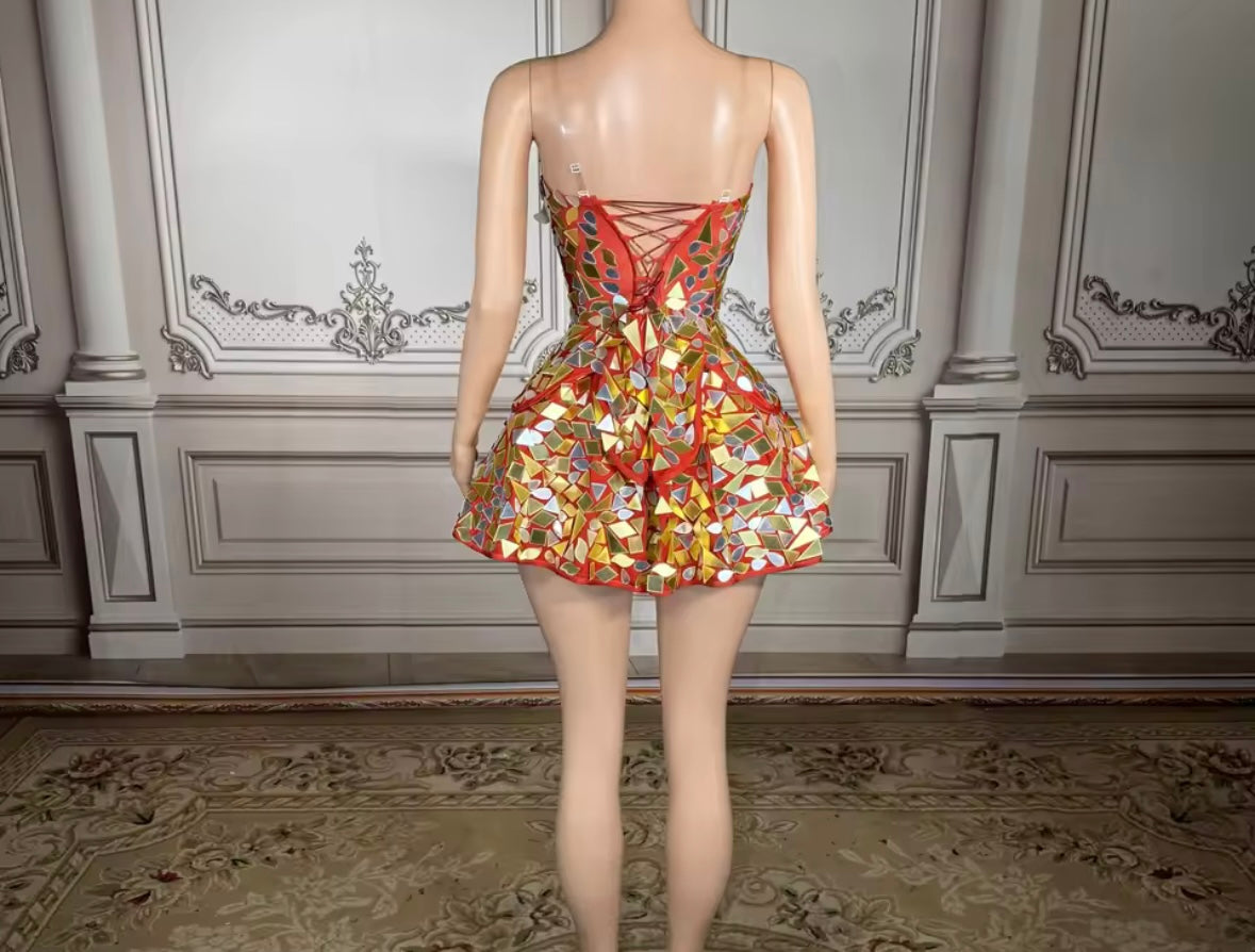 Sexy Sleeveless Floral Mirror Corset Dress