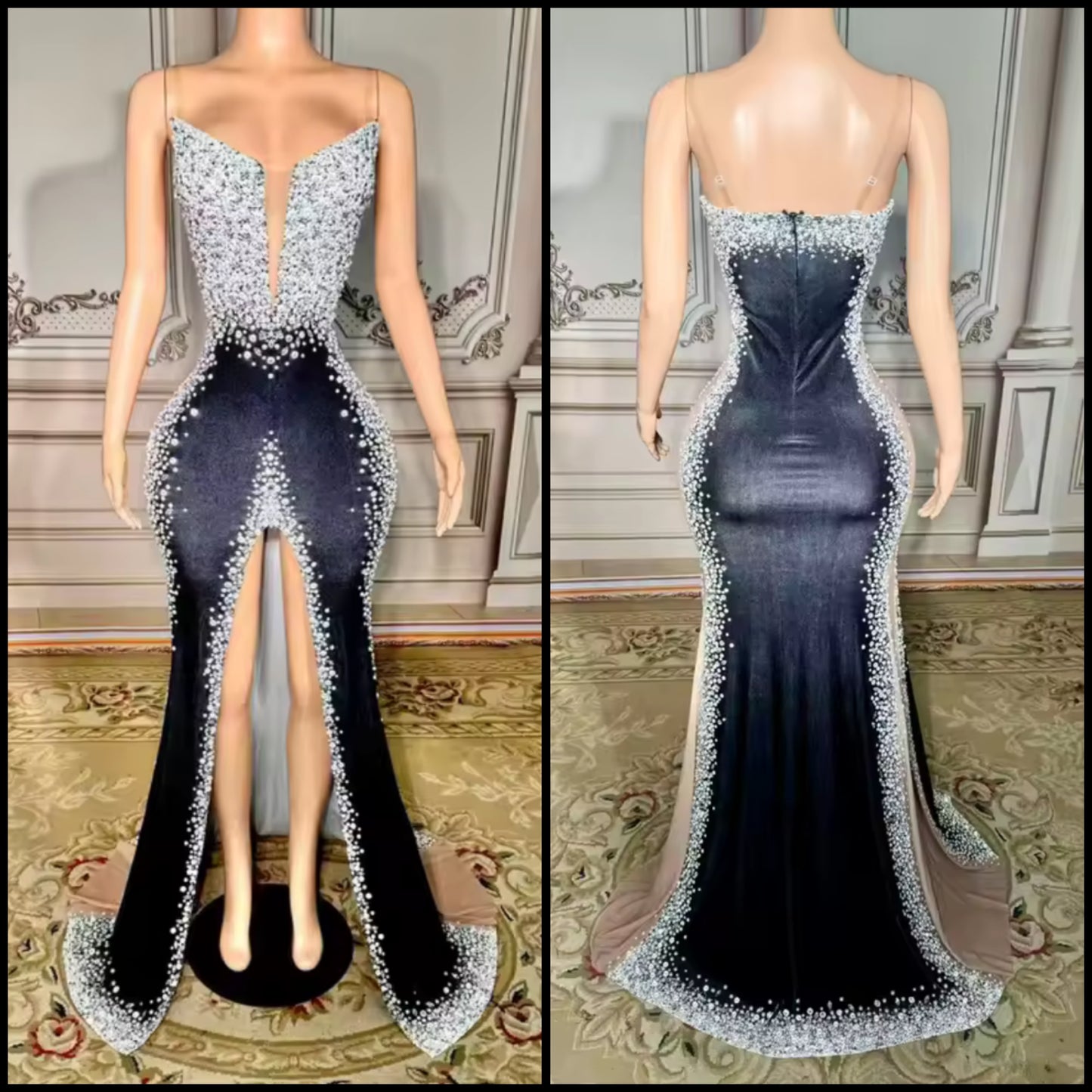 Elegant Sleeveless Rhinestone Front Split Floor-Length Dress