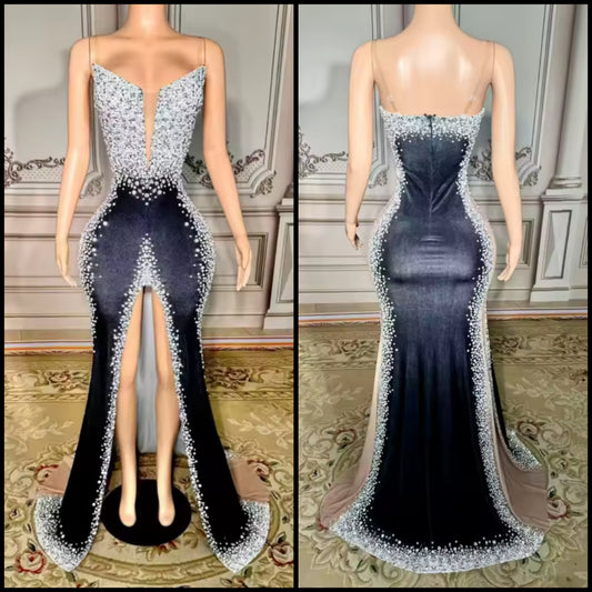 Elegant Sleeveless Rhinestone Front Split Floor-Length Dress