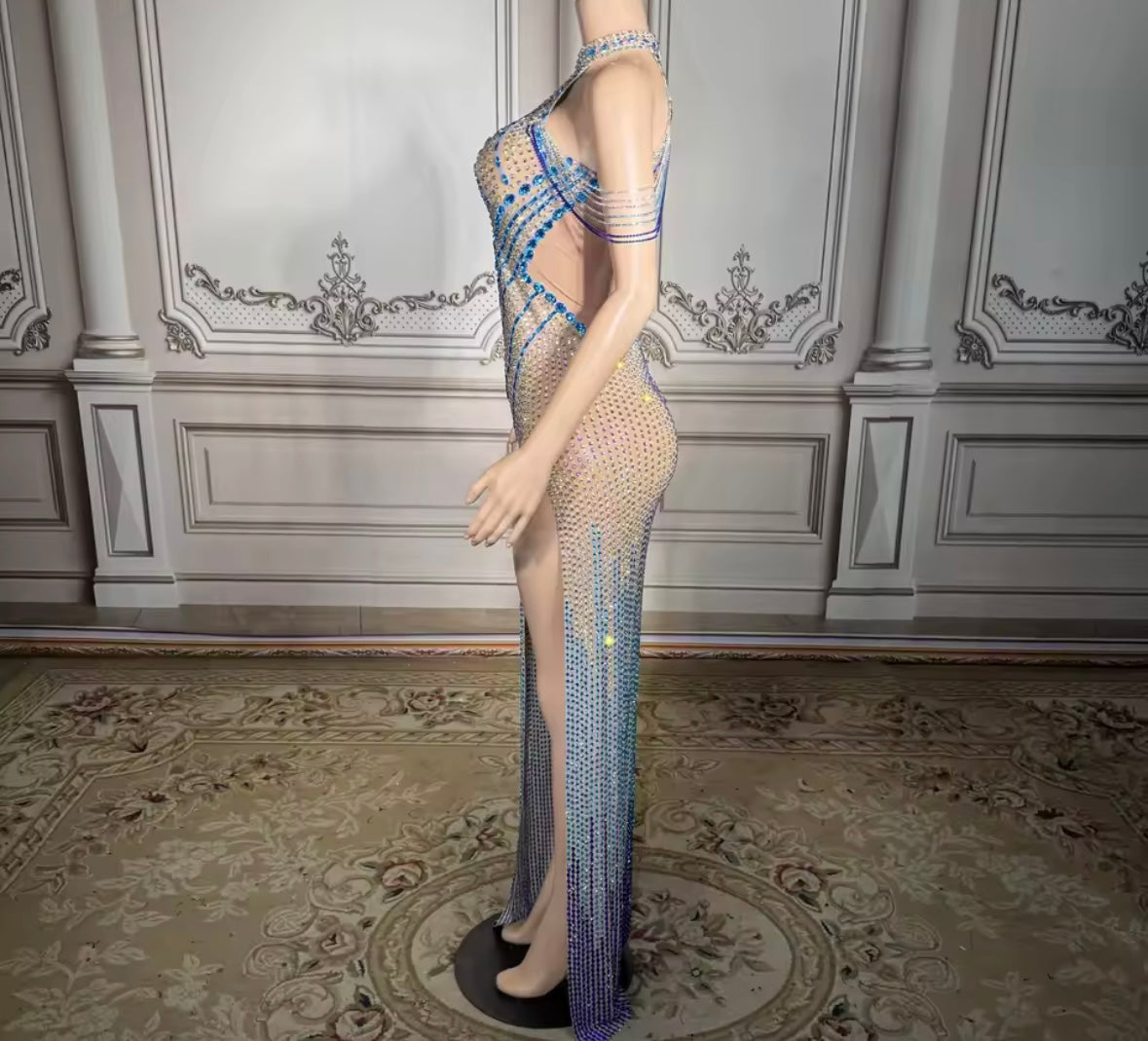 Sexy Halter Sleeveless Color Rhinestone Side Split Maxi Dress