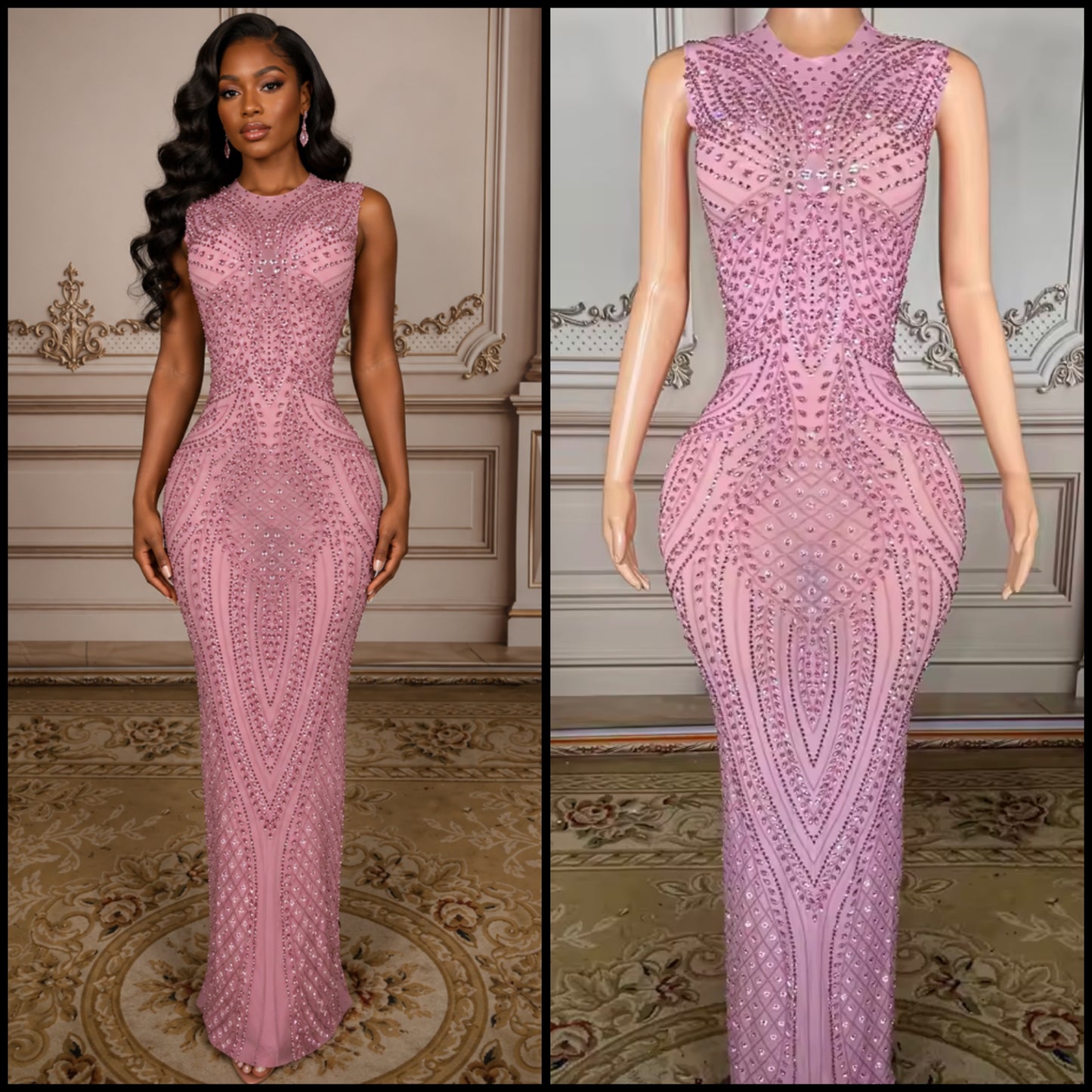 Sexy Pink Sleeveless Rhinestone Embellishment Maxi Dress