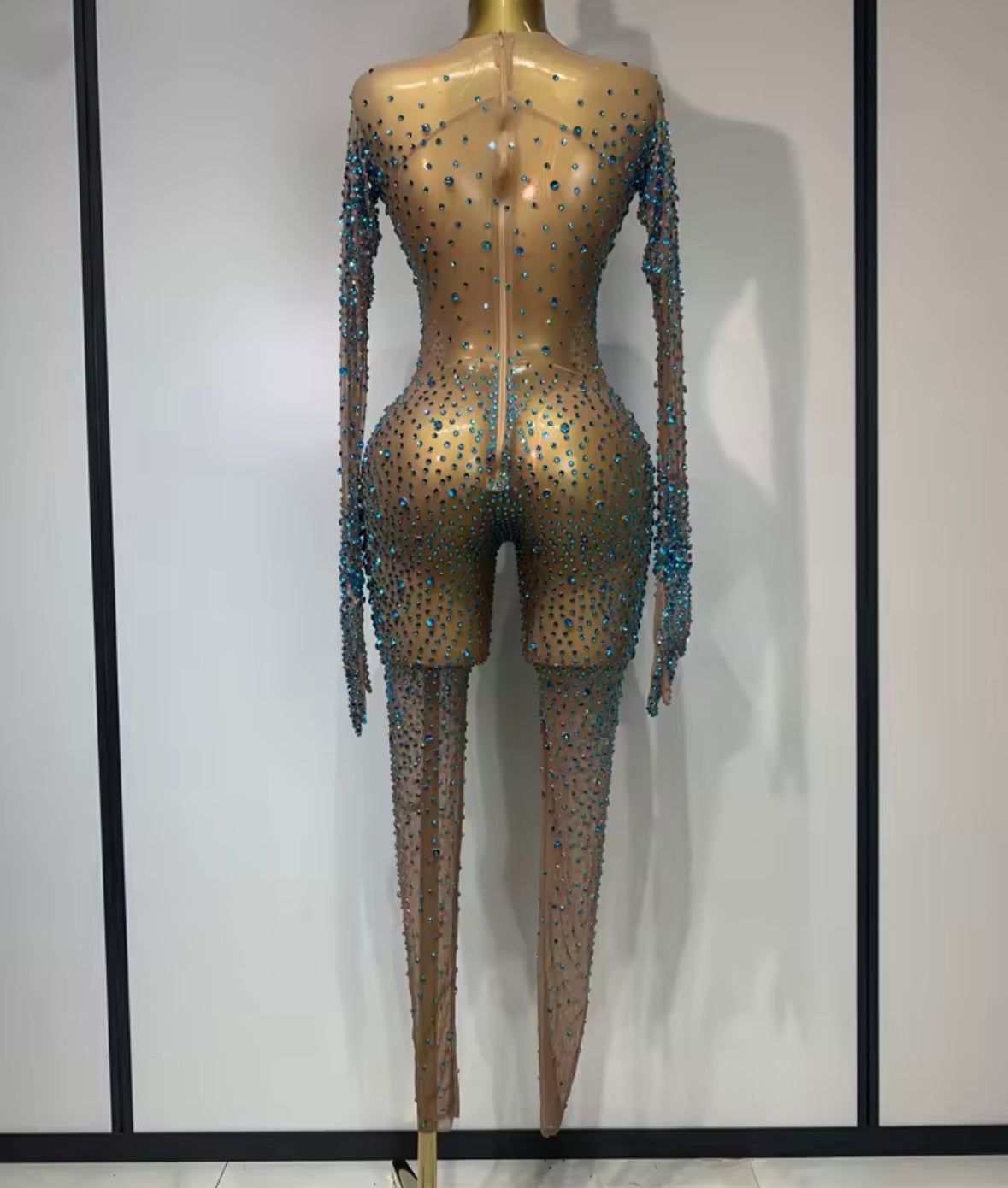 Sexy See Through Rhinestone Full Sleeve Jumpsuit