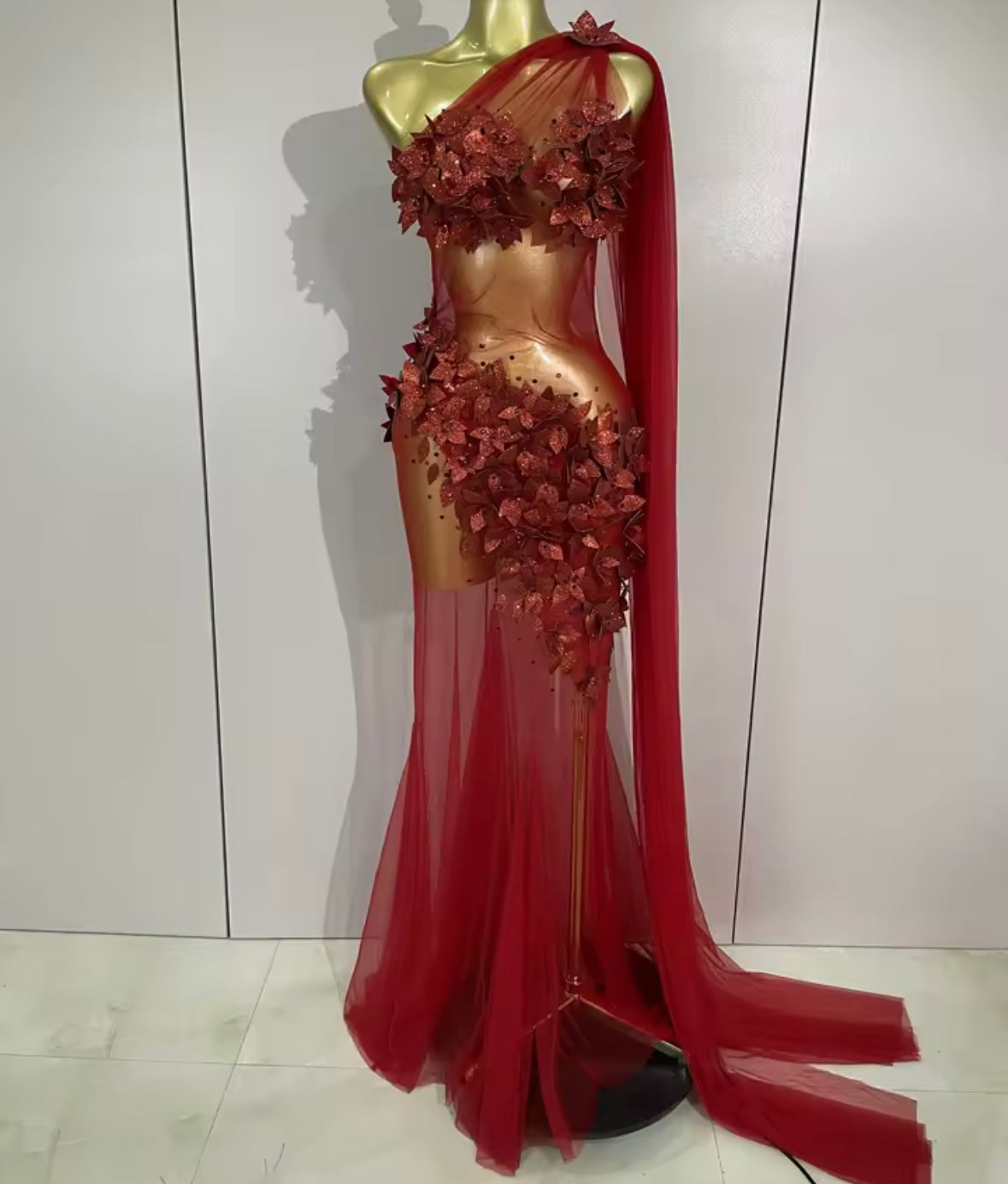 Floral One Shoulder Sleeveless Sexy See Through Maxi Dress