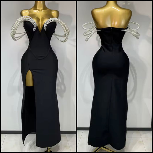 Elegant Black Pearl V-Neck Side Split Floor-Length Dress