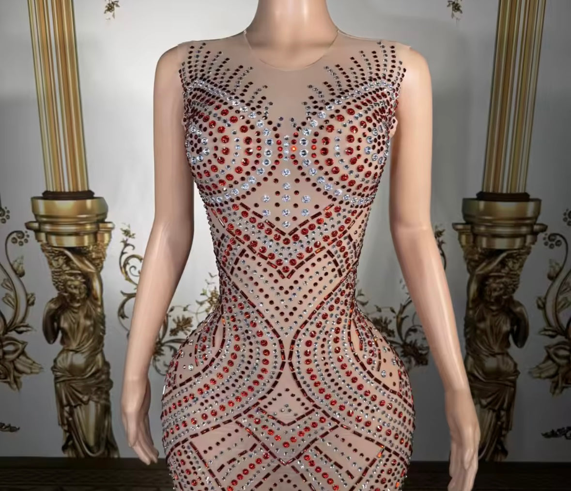 Sexy Sleeveless See Through Rhinestone Maxi Dress