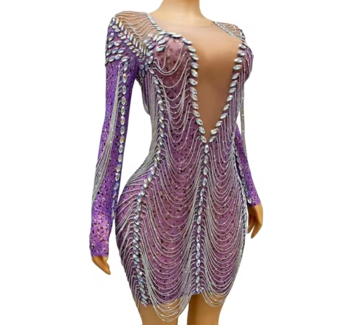 Sexy Purple Rhinestone Chain Full Sleeve Short Dress