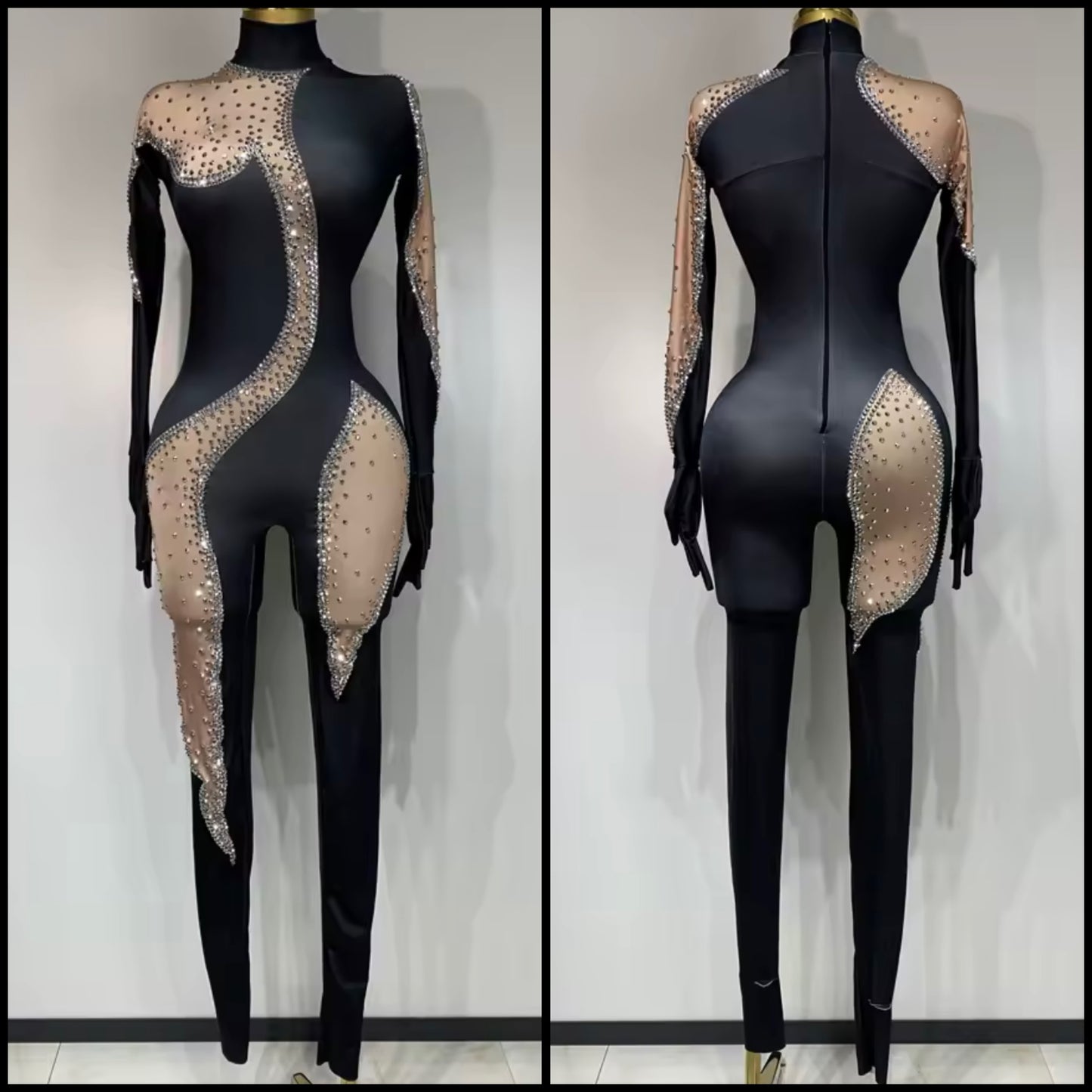 Sexy Black Rhinestone Mesh Full Sleeve Jumpsuit