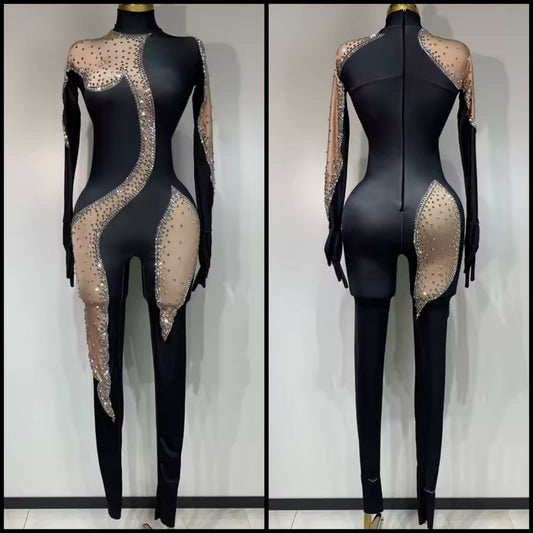 Sexy Black Rhinestone Mesh Full Sleeve Jumpsuit