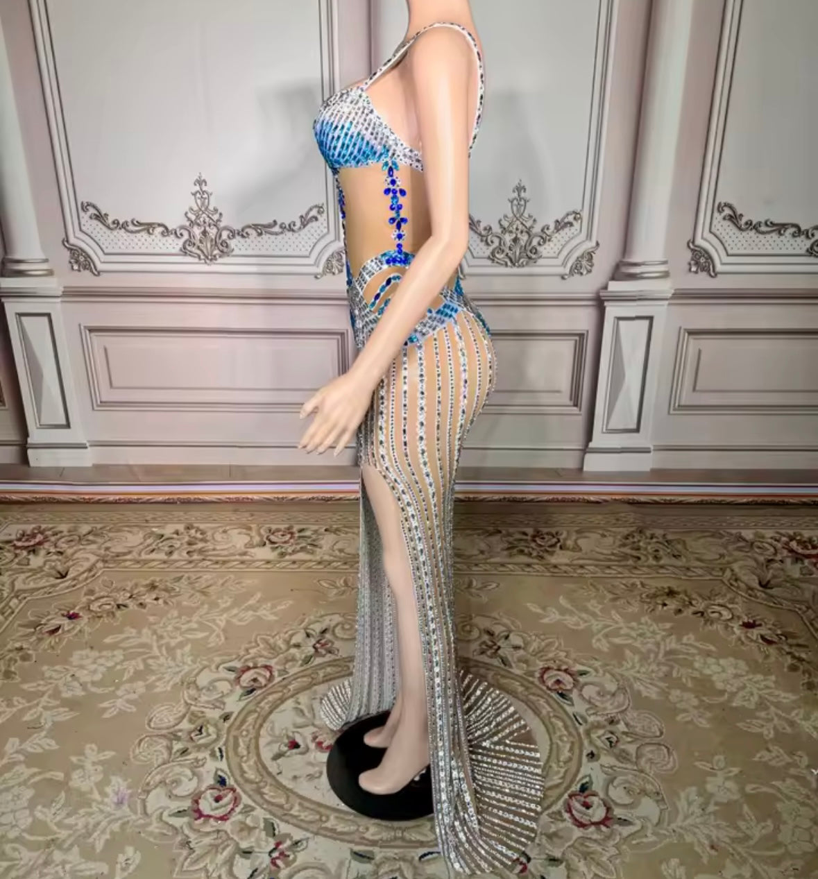 Sexy Rhinestone Embellishment Sleeveless See Through Maxi Dress