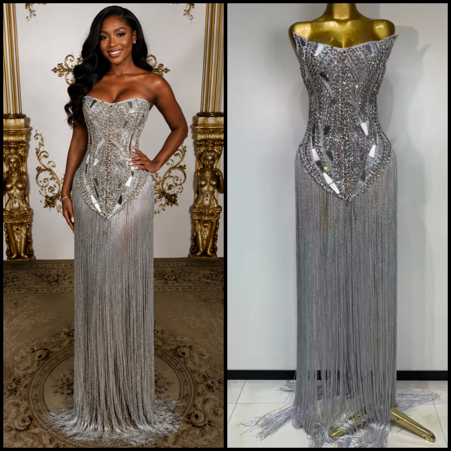 Sexy Silver Strapless Rhinestone Fringe Tassel Maxi Dress