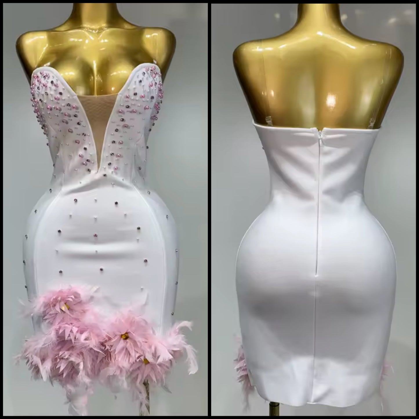 White Sexy Sleeveless Pink Rhinestone Feather Dress