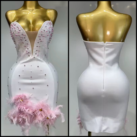 White Sexy Sleeveless Pink Rhinestone Feather Dress
