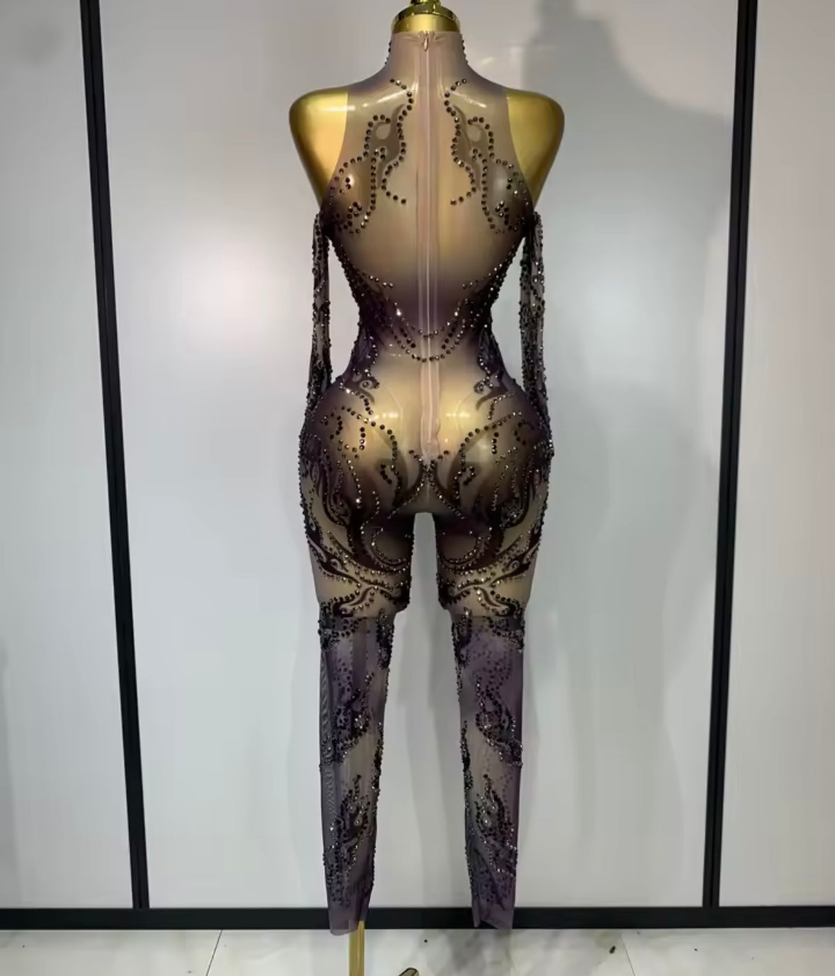 Sexy See Through Rhinestone Full Sleeve Jumpsuit