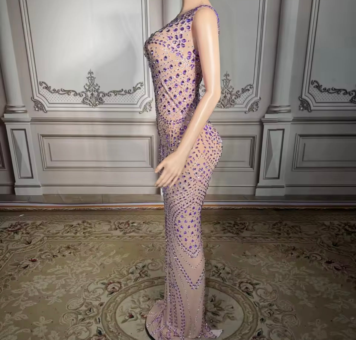 Sexy Sleeveless Purple Rhinestone Maxi Dress