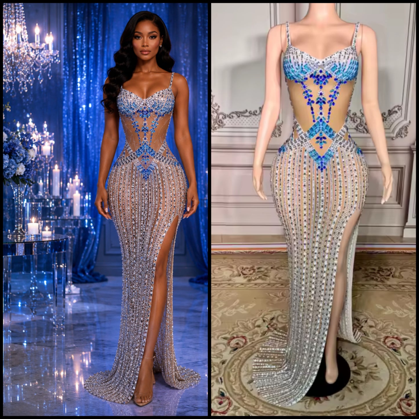 Sexy Rhinestone Embellishment Sleeveless See Through Maxi Dress
