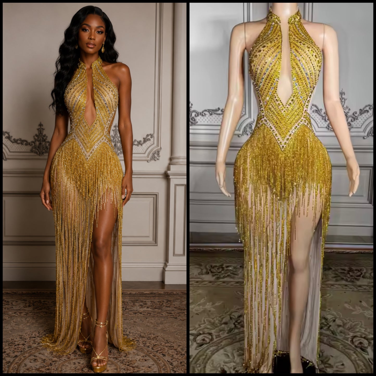 Gold Sexy Halter Sleeveless Rhinestone Fringe Tassel Maxi Dress