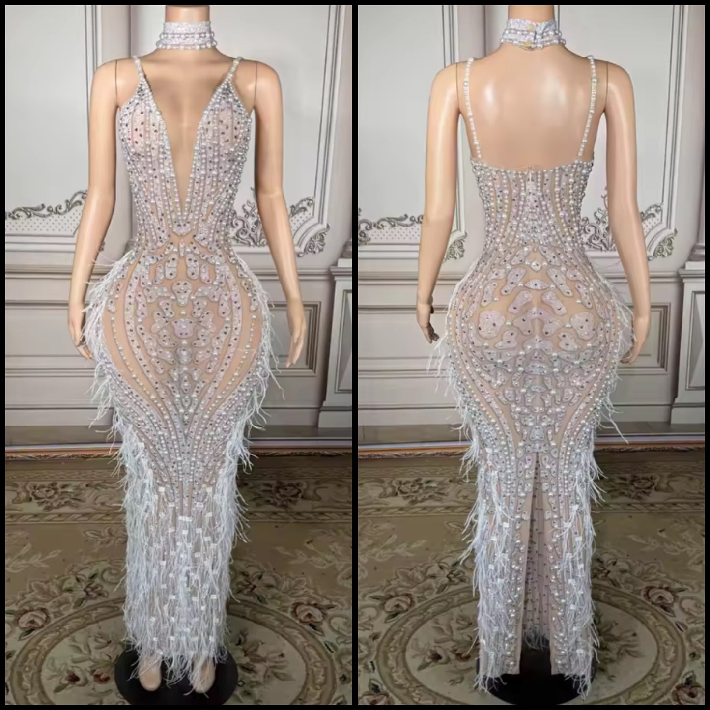 Sexy V-Neck Sleeveless Pearl Rhinestone Feather Maxi Dress