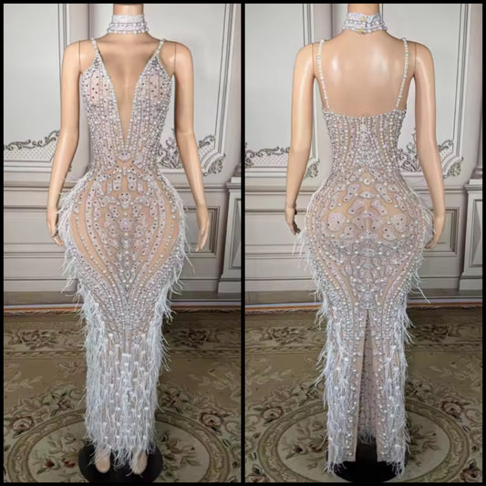 Sexy V-Neck Sleeveless Pearl Rhinestone Feather Maxi Dress