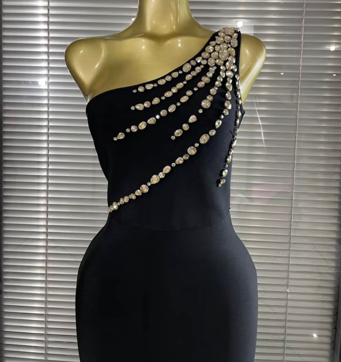 Sexy Black Rhinestone One Shoulder Sleeveless Maxi Dress